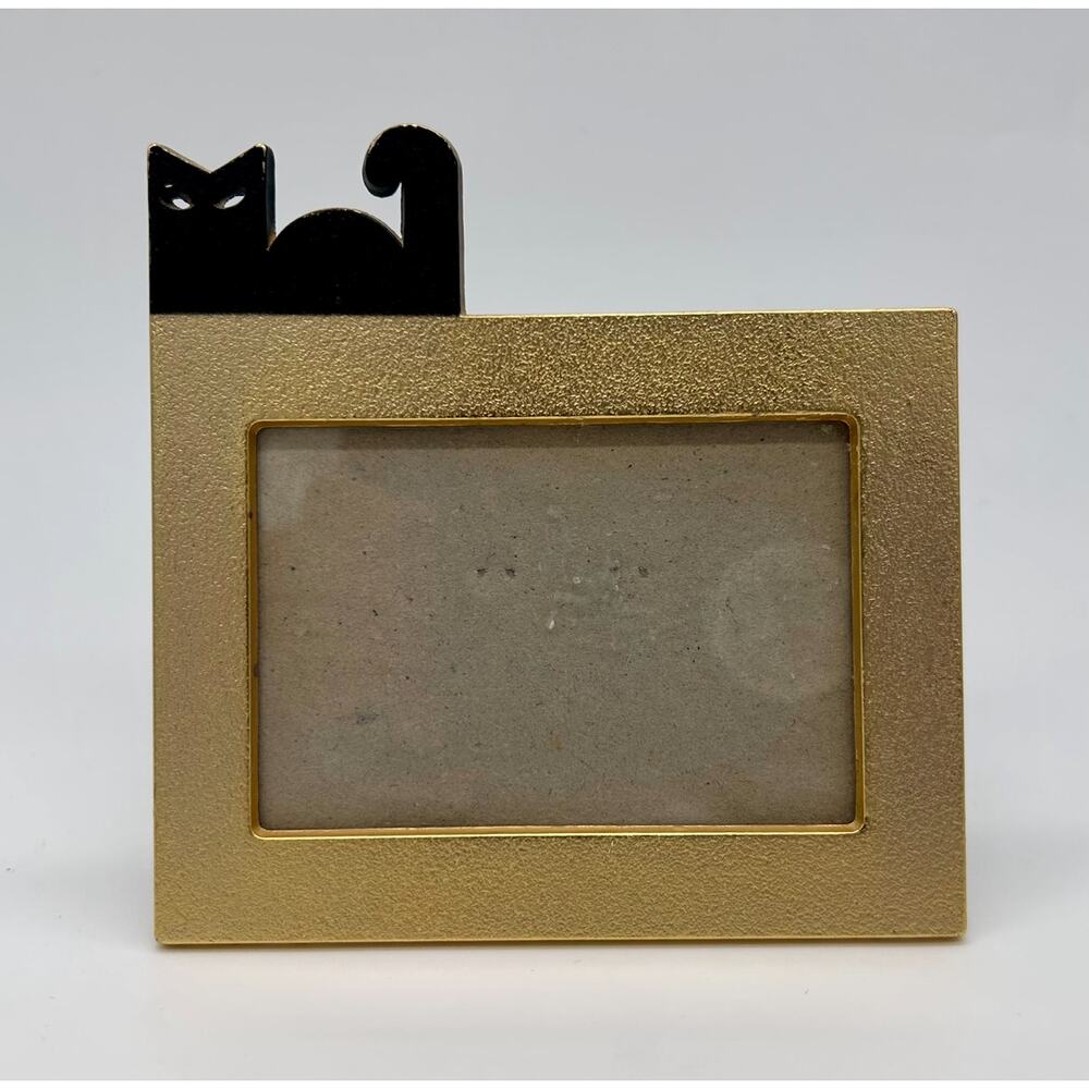 Vintage Cat Picture Frame 90s Gold Tone Black Unique Kitten Home Decor 2.5 x 3.5